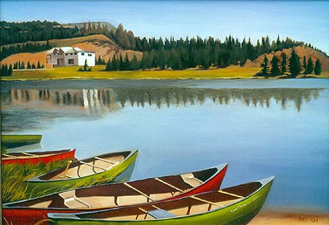 Nature landscape painting with boats and lake