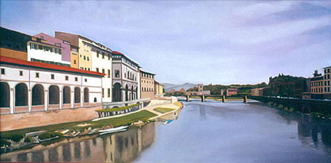 Realistic painting of river flowing through Florence Italy