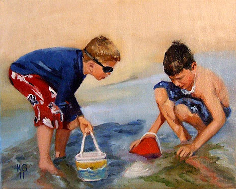 realistic oil painting of children at the beach