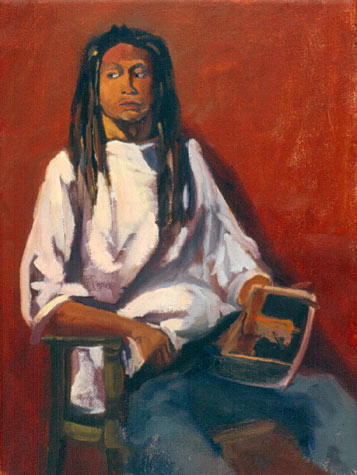 Painting of man holding a magazine
