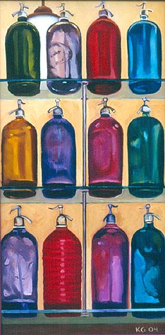 Painting of vintage colored seltzer bottles