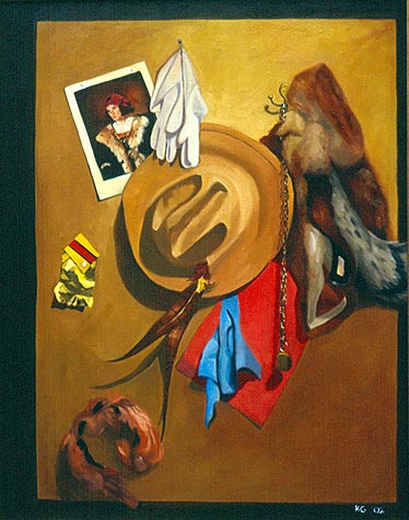 Realistic still life painting of hat and gloves