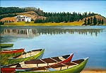 Nature landscape painting with boats and lake