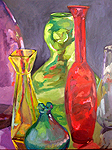 realistic painting of colored glass bottles by karen jehle goldberg