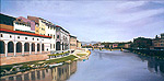 Realistic painting of river flowing through Florence Italy