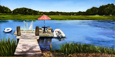 Representational oil painting of beachfront in Massachusetts