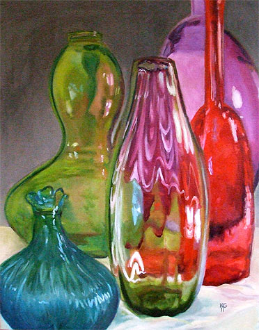 Painting of colored glass bottles 