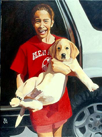 Painting of a girl holding her dog