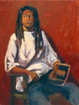 Painting of man holding a magazine